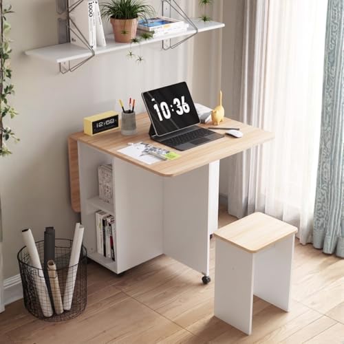 Image of TEKAVO Zydra Foldable Dining Table with 4 Chairs I Folding Space Saving Dining Table 4 Seater I Movable Furniture with 6 Wheels I White & Mile Oak I (120L x 80W x 80H CM) - DIY.