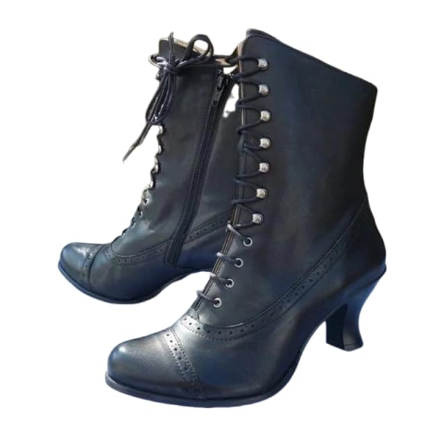 Womens Vintage Victorian Lace Up Ankle Boots Mid Heel Witch Costume Boots Retro Almond Toe Side Zipper