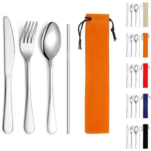 Kyraton Campingbesteck, inklusive Messer, Gabel, Löffel, Stroh, für Outdoor, Picknick, Camping, Reisen, spülmaschinenfest, Satz mit 4 Stücken