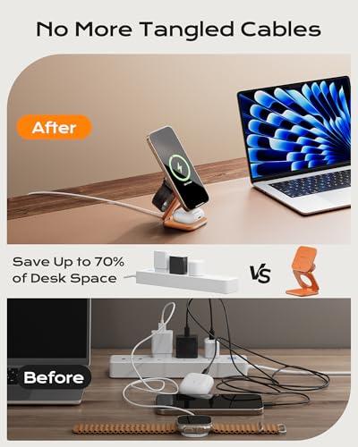 Image of KU XIU Qi2.2 25W Magnetic Wireless Charger, Foldable 3 in 1 Travel Charging Station for iPhone 17 /16 /15 /14 /13 /12, 5W for Apple Watch & AirPods, Aluminum Alloy Design, 45W GaN Adapter Included, Orange