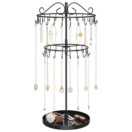iDavosic.ly 2 Tier Rotating Necklace Holder Organizer with Metal Jewelry Tray, Adjustable Bracelet Display Stand with 42 Hooks, Extra Tall Keychain Spinning Tree Tower for Women, Black