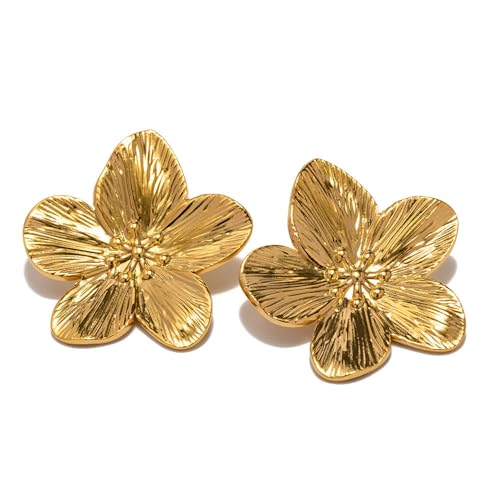 14K Gold Plated Gold Flower Earrings for Women,Boho Statement Large Double Flower Earrings Trendy Chunky Floral Stud Earrings Elegant Chic Flower Jewelry