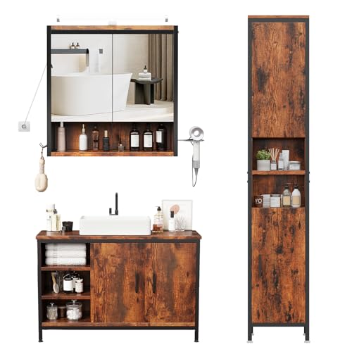 ELUCHANG Badmöbel Set 3,Waschbeckenunterschrank und Spiegelschrank Bad mit Beleuchtung und Hochschrank,Verstellbare Ablage Badezimmerschrank Badezimmer,Vintage+schwarz