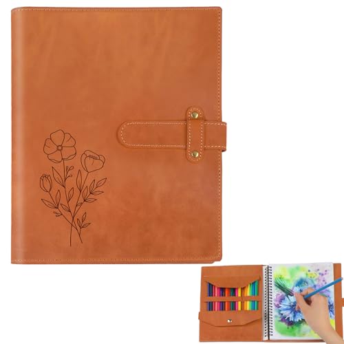 Personalized Flower Leather Sketchbook Cover with 24 Color Pencils Sketch Pad Cover Name Leather...