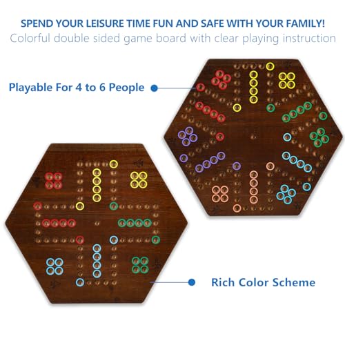 NRZSSN Marble Board Game, 15" Double-Sided Painted Wooden Waho Speed Trackway Board for 6 and 4 People, Includes 24 Marbles and 6 Dice (Small, Rustic Brown)