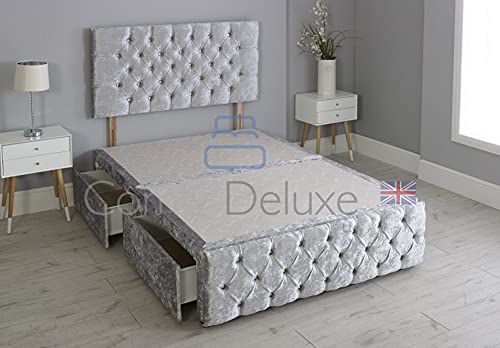 Crushed Velvet Chesterfield Divan Bed with Matching Footboard - Base Only No Mattress Include (Grey, 4FT6-0 Drawers)