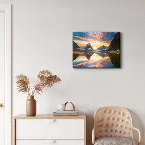 Image of Nature Mountain Canvas Wall Art Sunrise Forest Picture Wall Decor Lake Reflection Scenery Paintings Prints, Mountains Poster Photography Artwork for Office Living Room Bedroom Home Decoration 12x16 inch