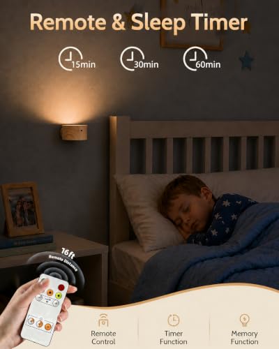 Image of LED Wall Mounted Lights, Rechargeable Wall Sconces Lamp, 3 Color Temps & Remote and Touch, 360Rotation Dimmable Cordless Wall Light for Study Bedroom Reading Bedside(Wood, 3Pack)