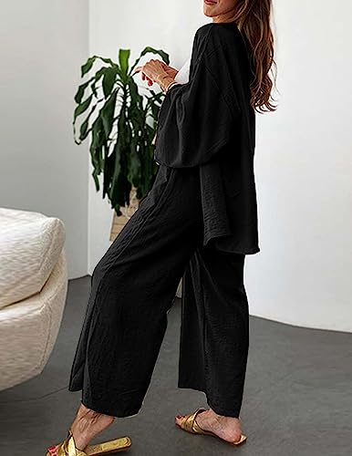 ZAFUL Women 2 Piece Tracksuits Outfits Loungewear Sets Solid Linen Loose Cardigan Suits And Wide Leg Pants Casual Suits3