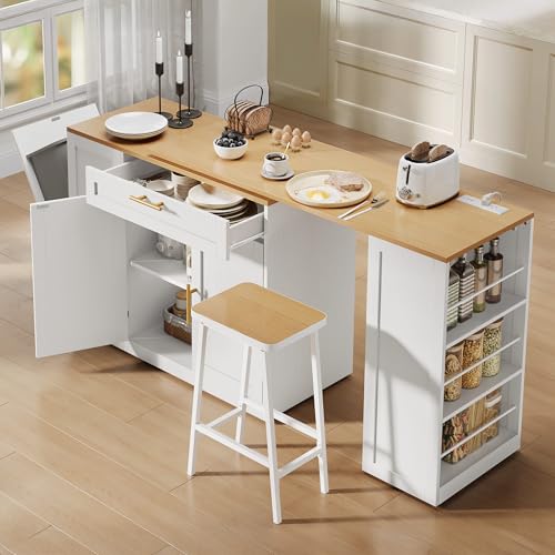 YITAHOME 90 inch Kitchen Islands with Extendable Dining Table & Seating for 2-4, Mobile Storage Islands with 2 Chairs, Rolling Kitchen Cart with Trash Cabinet, Power Outlet, 3-Tier Spice Rack (White)