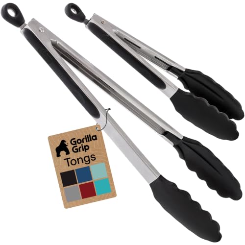 GORILLA GRIP Stainless Steel Kitchen Tongs for Cooking, 2 PK, Black