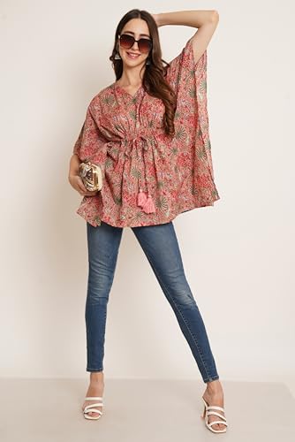Image of COTLAND Fashions Jaipuri Cotton Kimono Sleeves Printed Longline Kaftan Top for Women