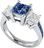 Drizzle Jewels 4.00Ct Princess Cut Three Stone Blue Sapphire Diamond Solitaire Engagement Ring, 14K White Gold Finish, 925 Sterling Silver (White, 4.5)