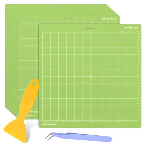 8Pcs Cutting Mat for Cricut 12X12 Standardgrip Green Cutting Mat Non-Slip&Durable Replacement Cutting Mat Compatible with Cricut Maker/Maker 3/Explore 3/Air/Air 2/One with 1Scraper and 1 tweezers