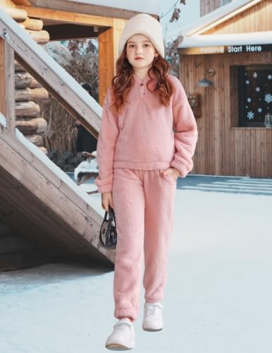 Image of Arshiner Girls 2 Piece Outfits Sweatsuit Fuzzy Long Sleeve Bear Ear Hoodie Sweatshirt and Sweatpant Kids Clothing Sets