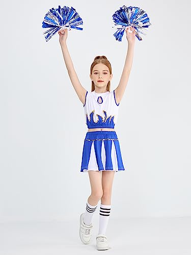 LOLANTA Girls Cheerleader Costume Cheerleading Children Dress Outfit Uniform with PomPoms(Blue, 5-6 years, Tag Size 120) - Image 3