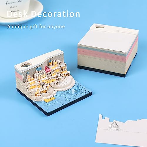 Cadeau créatif bloc-notes 3D Santorin avec porte-stylo silhouette et lumière