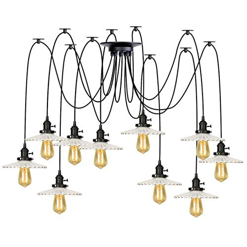 Lampe araignée suspendue noire et céramique blanche à hauteur réglable, 10 à 14 lumières