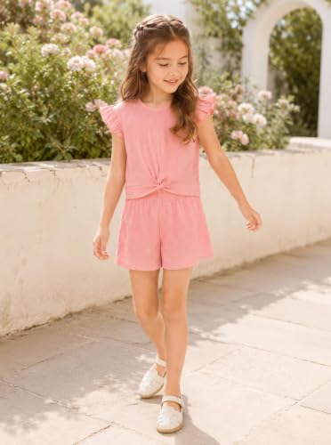 Image of Girls 2 Piece Outfits Summer Ruffle Sleeve Top and High Waisted Striped Shorts Set for Girls 7-14
