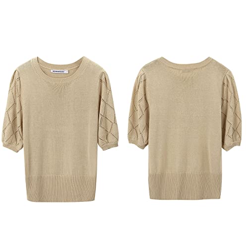 Image of Womens Short Sleeve Sweaters Crewneck Knit Pullover Tops 2025 Summer Casual Lightweight Crochet Blouse Shirt