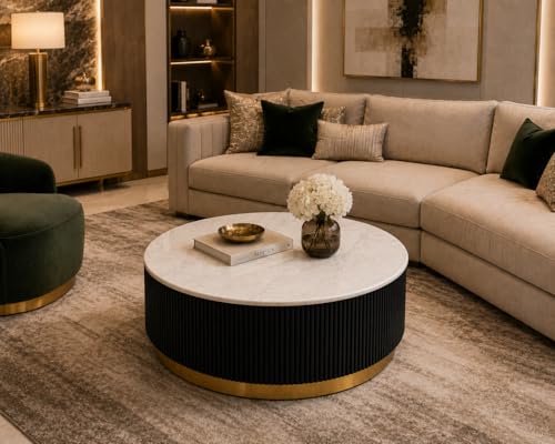 Image of Premium Luxury Marble-Top Wooden Center Table with Louvers & Acrylic Wooden Base | Premium Coffee Table for Living Room & Office (Black)