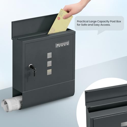 WOLTU Briefkasten, mit Zeitungsfach und Schloss, 30,5x33,5x9 cm, Anthrazit – Ansicht 4