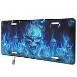 Beabes Blue Fire Skull Front License Plate Cover,Angry Skeleton in The Burning Fire Decorative Licen