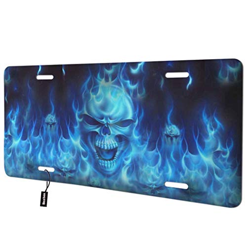 Beabes Blue Fire Skull Front License Plate Cover,Angry Skeleton In The Burning Fire Decorative License Plates For Car,Aluminum Novelty Auto Car Tag Vanity Plates Gift For Men Women 6X12 Inch #TOP21