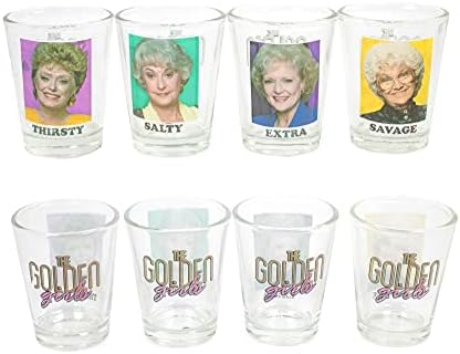 The Golden Girls "Thirsty Salty Extra Savage" 1.5-Ounce Mini Glass Cups, Set Of 4 | Official TV Show Collectible Drinkware | Novelty Kitchen Gifts, Shot Glasses For Home Barware