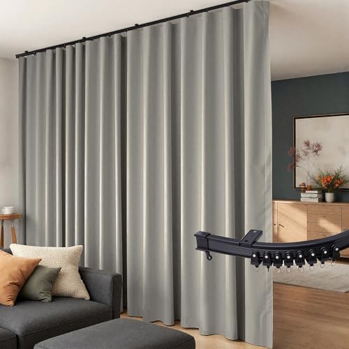 Room Divider Curtains Flexible Ceiling Tracks set Curtain track Ceiling Mount Blackout Curtain for Living Room Bedroom Ceiling Curtain Rod Privacy Dividers Panel W150xH84 Light Grey Drape&Black rail