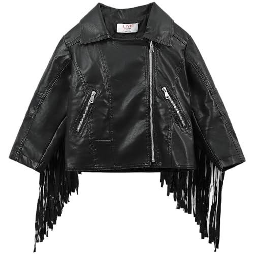 LJYH Girls Tassel Moto Faux Leather Short Jackets Classic Biker Fringe Cropped Coats