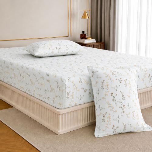 Image of Jaipur Weaves Queen Size Elastic Fitted Bedsheet, 100% Pure Cotton Double Bed Fitted Bedsheet with 2 Pillow Covers, 240 TC, 60x78 Inches up to 8-inch Mattress, Floral (Spring Tulips Yellow, Queen)