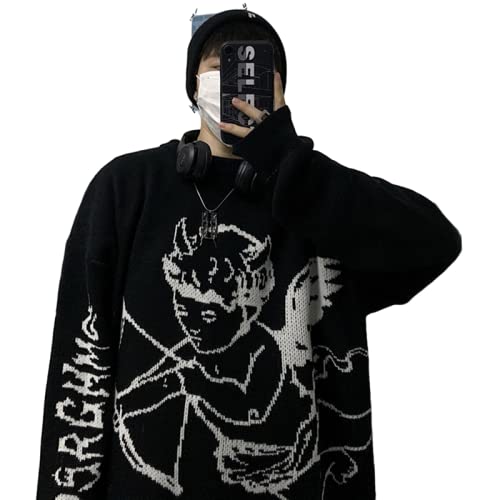 NCDUANSAN Harajuku Sweater Streetwear Men's and Women's Knitwear Fashion Hip Hop Harajuku Oversized Pullover(Black,L) - Main Image