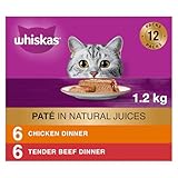 WHISKAS Meaty Selections Adult Wet Cat Food Paté - 6 Chicken, 6 Beef, 12x100g Tray