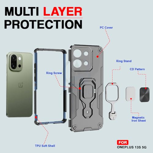 Image of AESTMO Armor Back Cover for OnePlus 13S 5G | Ring Holder & Kickstand & Camera Protection in-Built | 360 Degree Protection Back Case Cover (Black)