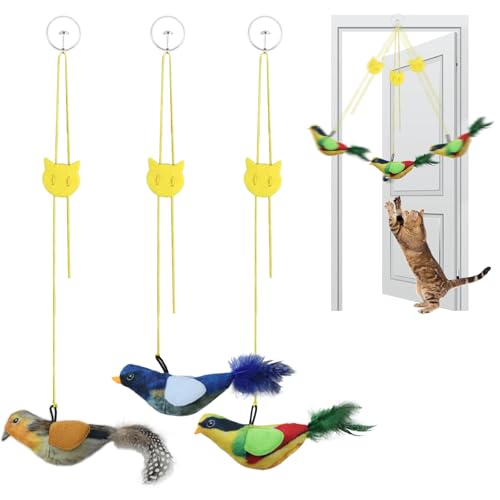 Tocirelo Interactive Cat Toys Bird - Realistic Cat Interactive Toys for Indoor Cats with Catnip and Feather 3 Pack Hanging Chirping Bird Cat Toy Bored Kitten Kicker Chase Exercise Door Frame Toy