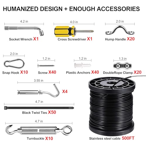 BLIKA String Light Hanging Kits, 500FT Coated Stainless Steel 304 Wire Rope, Outdoor Light Guide Wire, Globe String Light Suspension Kit Included Turnbuckles, Enough Accessories, Use Manual