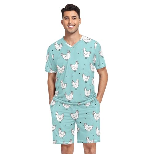 GAIREG Conjunto de pantalones cortos de pijama para hombre, lindos pollos blancos verdes, suaves, de manga corta, ropa de dormir de verano, ropa de descanso, talla S, Lindos pollos blancos y verdes
