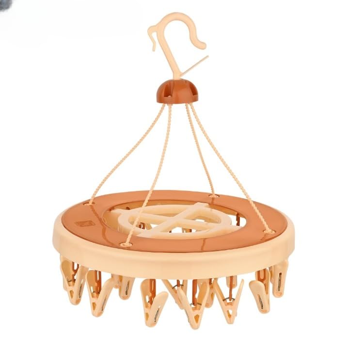 Round Plastic Hanging Clothes Drying Rack with 24 Clips, (Beige)-image-14