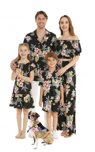Image of Family Matching Hawaiian Clothes, Hibiscus Black | Black Hibiscus Print • Soft Rayon Fabric • Family Matching Outfits • Vacation Ready • Luau Party Wear
