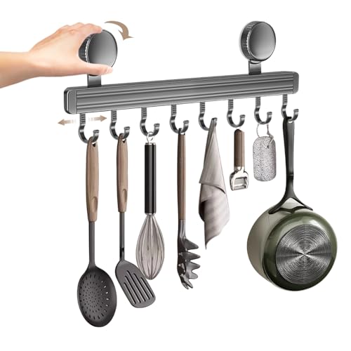 VGECEE 40 cm Colgador Utensilios Cocina Ventosa Barra Cocina Colgar Utensilios 8 Ganchos Móviles Riel Cocina Gancho Utensilios Cocina | Sin Taladrar | de Aluminio Espacial | Soporta Hasta 20 Kg