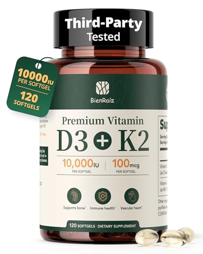 BienRaíz Vitamin D3 K2 10000IU 100mcg MK-7, 120 Softgels, Gluten Free, 2-in-1 K2 D3 Vitamin Supplement for Bone & Heart Health, Immune Support, Energy & Better Calcium Absorption, 4-Month Supply