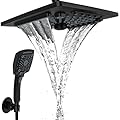 ELLO&ALLO Rain Shower Head with Handheld Spray, Rainfall Shower Head Combo with 60" Hose, Adjustable Dual Showerhead Set with 3-Way Diverter, Matte Black