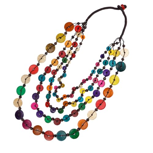 LNQ LUNIQI Böhmen Halskette Damen Holz, Boho Mehrschichtige Perlenkette Bunt Kette Kokosnuss Halsschmuck Modeschmuck mit Kornknöpfe für Hawaii Sommmer Party Strand Schießen, 1 Stück