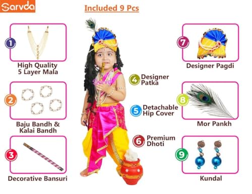 Image of Sarvda Krishna & Radha Dress for Kids - Complete Janmashtami Costume Sets with Dhoti /Lehenga, Mukut, Mor Pankh, Bansuri & Accessories | Fancy Dress for Baby Boys & Girls