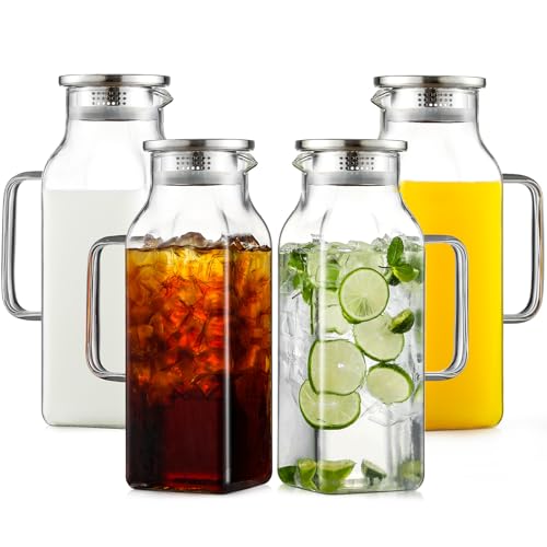 Netany 4 Pack 2 Liters/68 oz Square Glass Pitcher with Lid and Handle for Fridge, Iced Tea and Coffee Carafe Beverage Serveware, Heat Resistant Borosilicate Water Jug for Hot/Cold Drinks and Milk