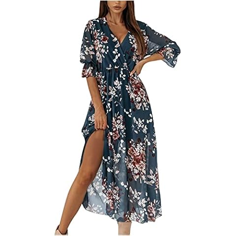 2022 Vestidos Largo gasa Mujer, Verano Moda Vestido Manga Corta Floral impresión Vestido de Noche Fiesta volantes Sexy Casual Elegante playa vacaciones Bohemia Vestido de Cóctel Cover