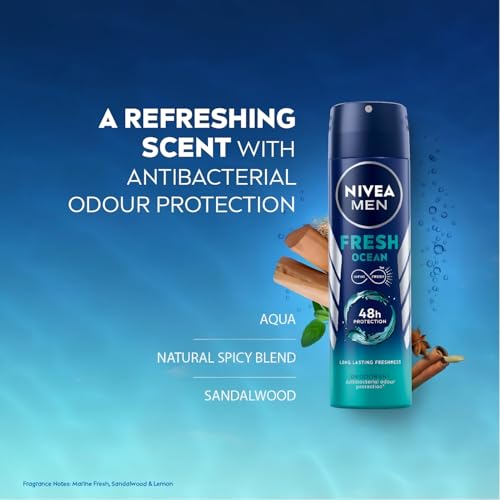 NIVEA MEN Fresh Ocean Deodorant Spray with Ocean Extracts, Long-Lasting Aqua Scent, Odor Protection & Skin Care, 150ml Body Spray for Men, Fresh Citrus, Lavender & Amber Fragrance, Pack of 2 - image 2