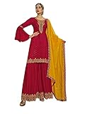 Punjabi Hochzeitskleidung, indische bestickte Seide, Designer-Rüschenärmel, Bollywood, weich genäht, Sharara, Braut, Salwar Kameez 2171, rot, X-Large