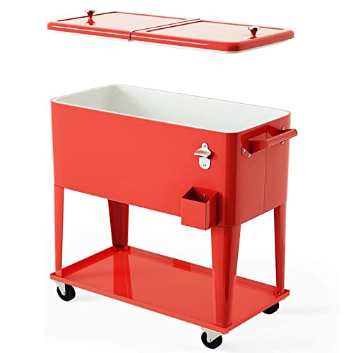 Giantex Rolling Cooler Cart, 80Qt Outdoor Cooler With Locking Wheels, Storage Shelf, Bottle Opener, Drain Plug, Patio Beverage Bar Cooler Trolley Ice Chest For Party Cookouts Bbq (Red) #TOP7